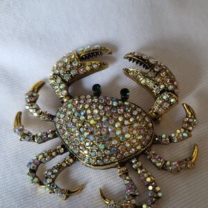 Heidi Daus Gold-Tone Crystal Pave Crab Brooch with Aurora Borealis Accents